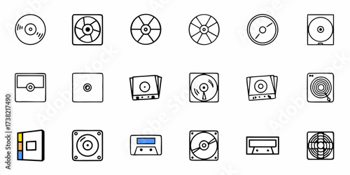 Collection of hand-drawn media storage icons, perfect for web design, technology projects, and digital marketing campaigns, ideal for modern aesthetics and user interface elements