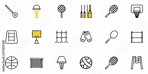 Sports equipment icons collection in a clean, modern style, perfect for athletic branding, websites, and educational materials, conveying energy and active lifestyle