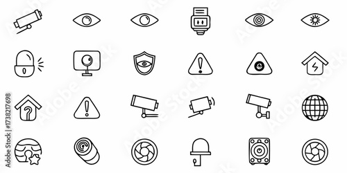Modern security and surveillance icons for digital safety, protection, monitoring, CCTV, and global network concepts, ideal for tech companies and cybersecurity applications