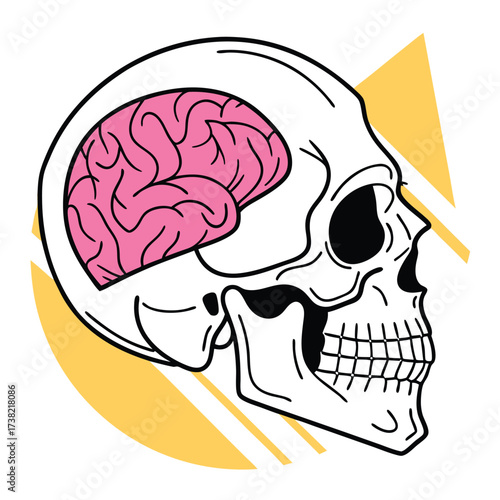 Striking skull outline showcases vivid pink brain with geometric shapes, presented on transparent backdrop