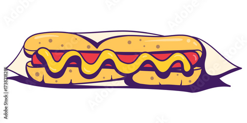Delicious hot dog design opened from paper wrapper in retro design style
