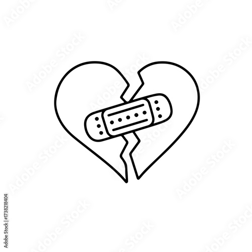 Outline icon of a broken heart with a bandage on a white background. Symbol of pain, loss and healing. Linear style design for love, emotions, psychology, therapy and relationship projects.
