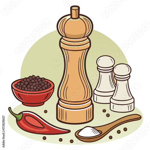 Wood pepper mill beside salt, pepper shakers, red chili pepper, and bowl of peppercorns