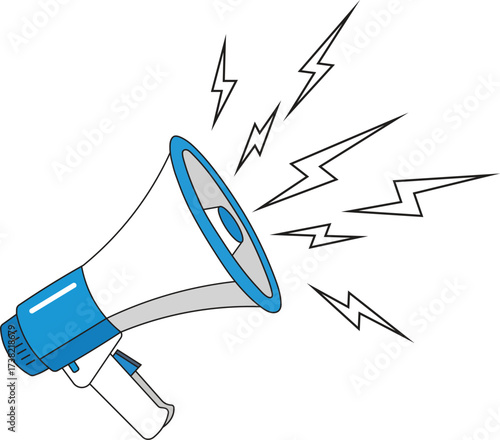 Blue and white megaphone emitting black lightning bolt sound waves bullhorn announcement