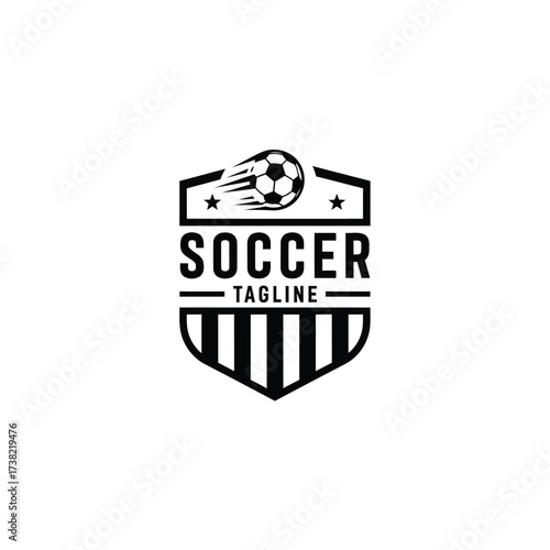 Vector art of a striking soccer logo featuring a soccer ball with motion lines atop a shield with the word soccer and a tagline