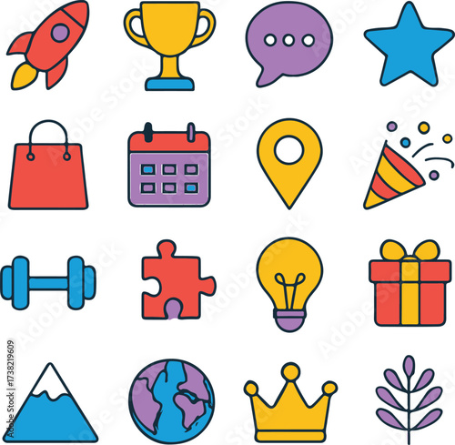 Mixed lifestyle and general purpose icons including rainbow, crown, house, ribbon, calendar, music, person, and more. Great for multipurpose design, web, and social media projects.