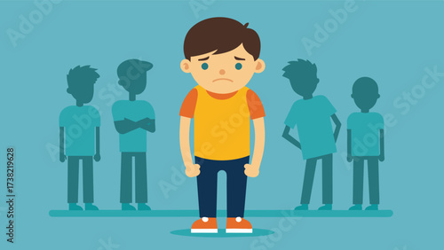 A teenage boy is bullied for being thin and not having a traditionally muscular body highlighting the negative effects of societal standards on image.. Vector illustration