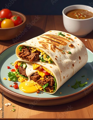 Delicious burrito with colorful fillings