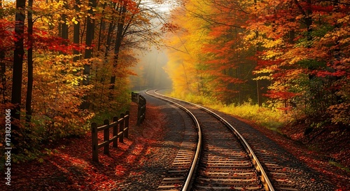 Scenic Train Tracks Winding Through Golden Autumn Woods
