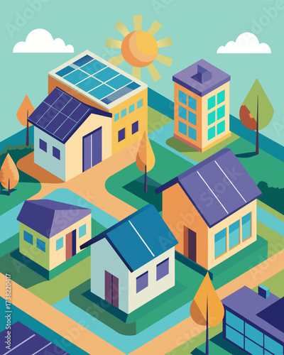 A lowincome housing complex with rooftop solar panels providing affordable and sustainable housing for residents and reducing their energy costs.. Vector illustration