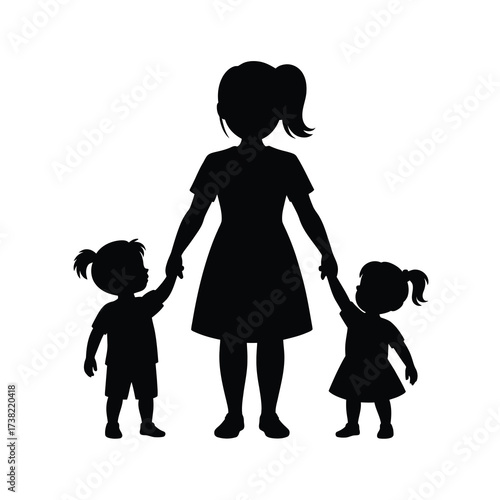 Mother and two children silhouette holding hands simple design