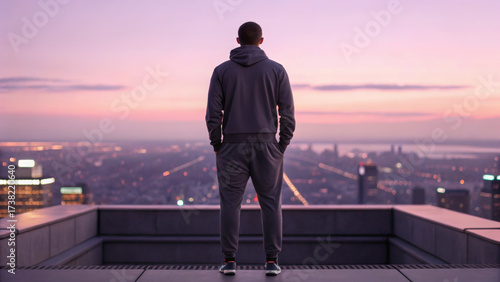 Athleisure wear dominates modern fashion trends. A person stands on a rooftop, gazing at a city skyline during sunset, reflecting tranquility and contemplation.