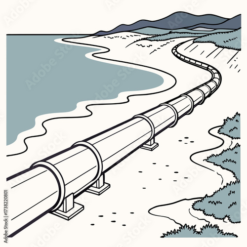 A long industrial pipeline stretches along a scenic coastline with blue water and distant mountains