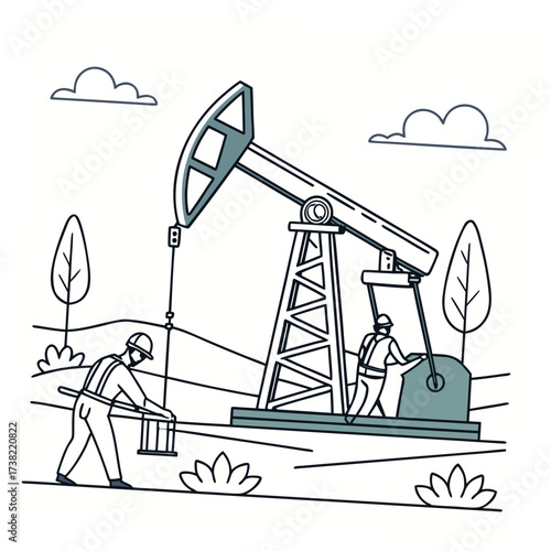 Cartoon illustration of oil workers operating a pumpjack in a field with trees and clouds