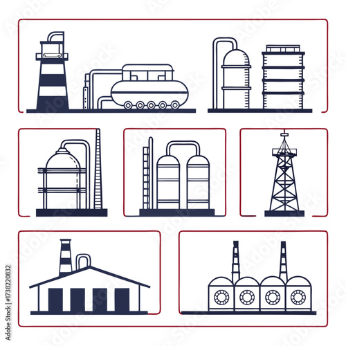 Collection of industrial factory and refinery icons representing energy production and manufacturing processes