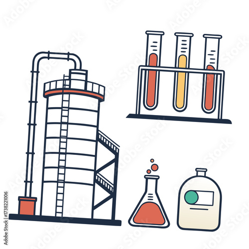 Illustration of industrial chemical plant equipment and laboratory glassware with colorful liquids and bubbling reactions