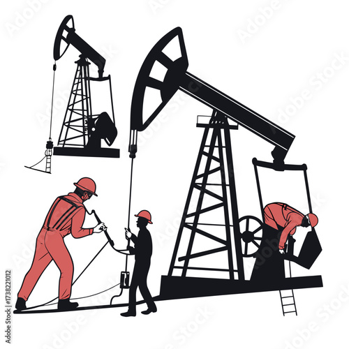 Illustrative depiction of oil rig workers in action with pumpjacks and drilling equipment in a stylized graphic design