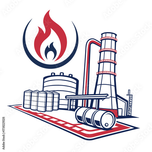 Illustration of a modern industrial complex with a large smokestack storage tanks and barrels symbolizing energy production and industry