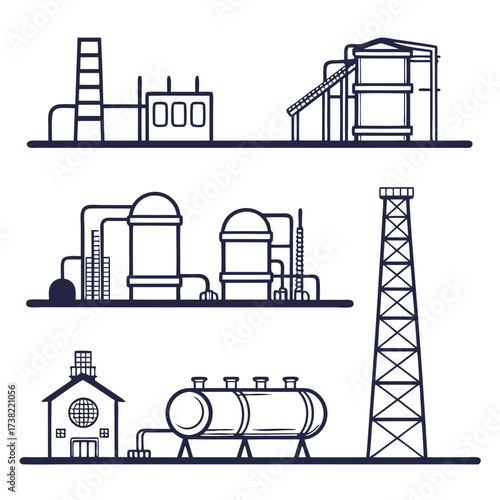 Industrial factory complex with chimneys tanks and towers representing manufacturing and production facilities
