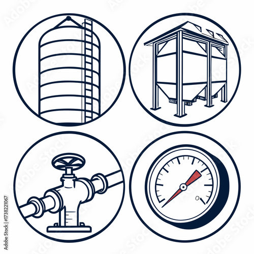 Industrial equipment icons including silos valves and pressure gauges for agricultural or manufacturing processes