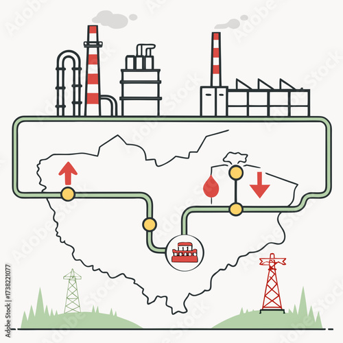 Industrial factory complex with pipelines distributing resources across a stylized map of a region with power lines