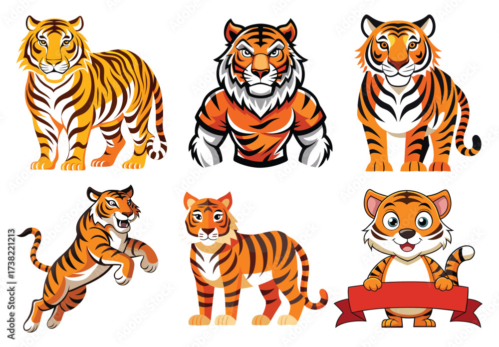 Fototapeta premium Stock images of cartoon tiger characters and wild animals are available, including striped feline illustrations and vector art of cubs and mammals from the safari or zoo