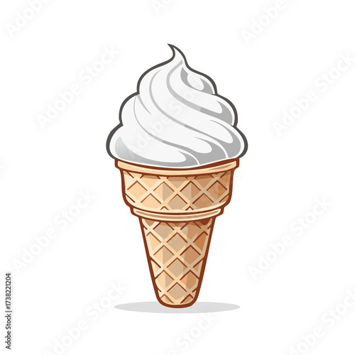 Cartoon-style soft serve ice cream in waffle cone, vanilla flavor summer treat, vector illustration