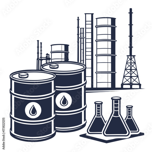 Industrial scene featuring oil drums refinery towers and laboratory flasks representing the petrochemical industry and scientific research