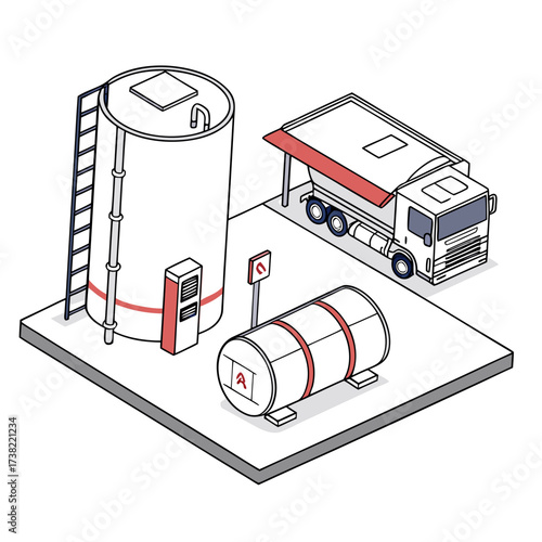 Isometric illustration of a fuel depot with a large storage tank a horizontal tank and a tanker truck at a loading station