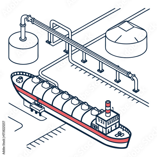 Isometric illustration of a large cargo ship docked at a port with pipelines connecting to storage tanks for liquid natural gas transfer