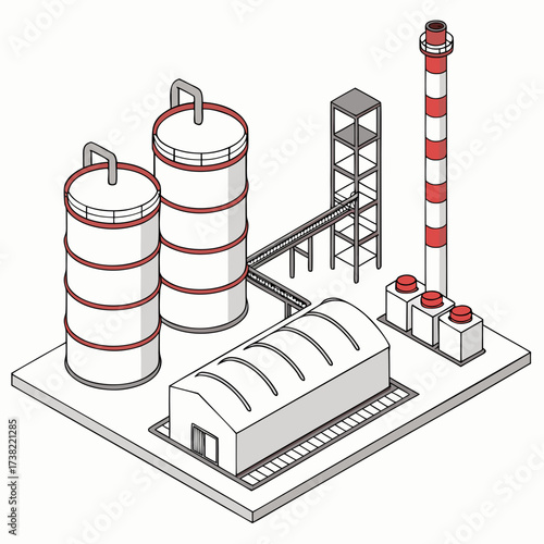 Isometric illustration of an industrial complex featuring storage silos a factory building a tall smokestack and connecting conveyor belts on a white background