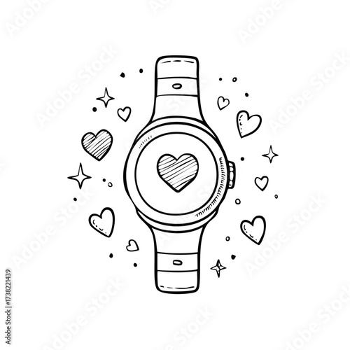 Doodle style smartwatch displaying heart symbol surrounded by decorative hearts and stars on white background for Valentine