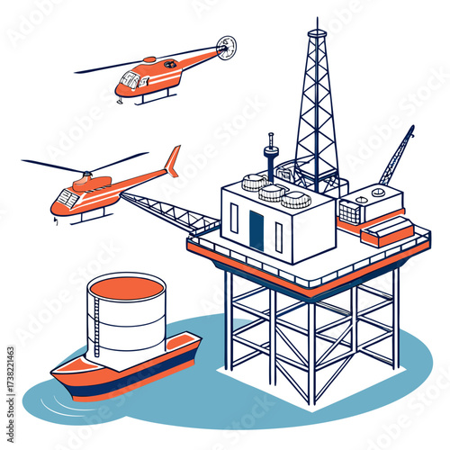 Offshore oil rig with helicopters and a supply ship carrying a storage tank in the ocean illustration