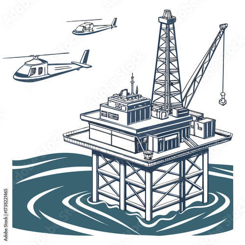 Offshore oil rig with drilling derrick and crane in the ocean with two helicopters flying overhead