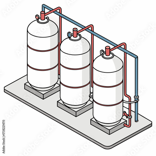 Isometric illustration of three industrial storage tanks connected by pipes on a concrete platform against a white background