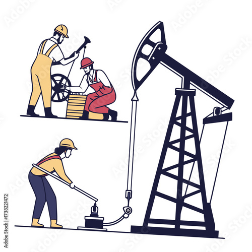Oil rig workers in hard hats and overalls operating machinery and a pumpjack for petroleum extraction and energy production