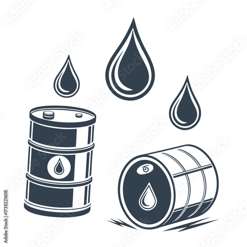 Stylized dark blue oil barrels and droplets symbolizing fuel and energy industry resources against a white background