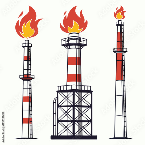 Three industrial flare stacks with flames burning brightly against a white background representing energy production and waste gas management