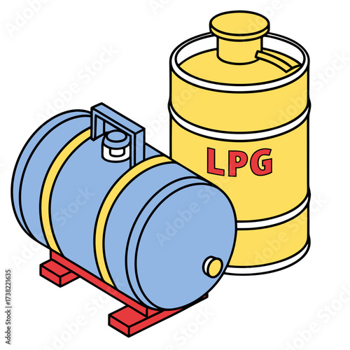 Two stylized isometric illustration of lpg gas cylinders one horizontal blue tank on a red stand and one vertical yellow tank with red lpg lettering