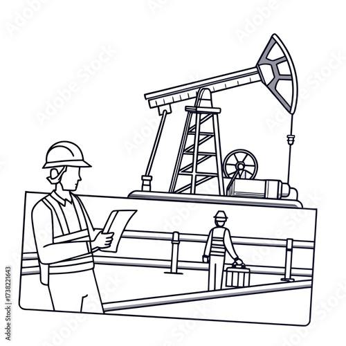 Two oil workers in hard hats and safety vests inspect a nodding oil pumpjack at an industrial drilling site