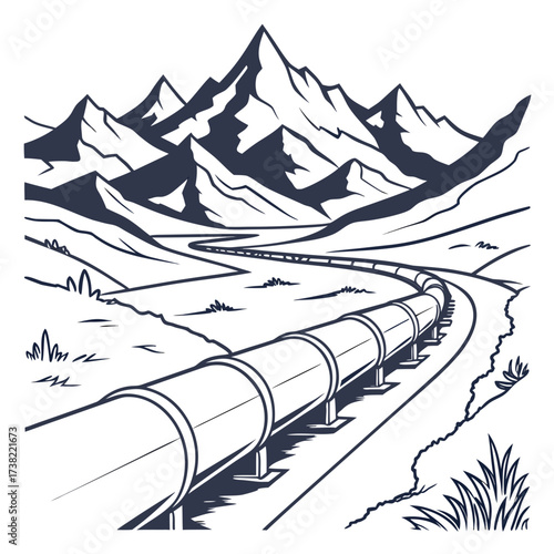 A large industrial pipeline snakes through a rugged mountain landscape under a dramatic sky
