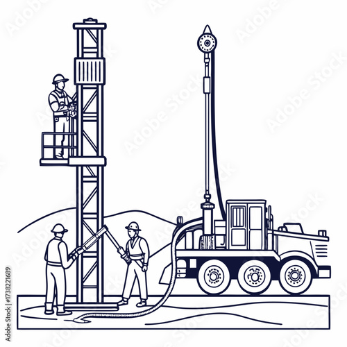 Workers operate a mobile drilling rig for oil and gas exploration in a rugged landscape illustration