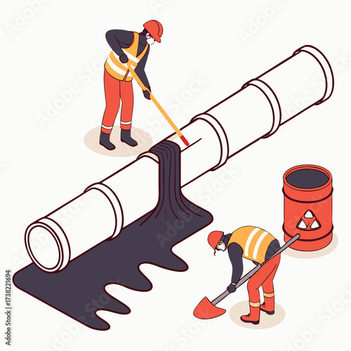 Workers in protective gear clean up a dark liquid spill from a large pipe next to a hazardous waste barrel