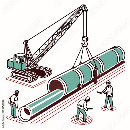 Construction workers and a crane install large pipes for infrastructure development and underground utilities project