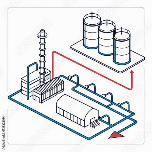 Industrial facility schematic with storage tanks and processing buildings connected by pipelines illustrating a complex supply chain system