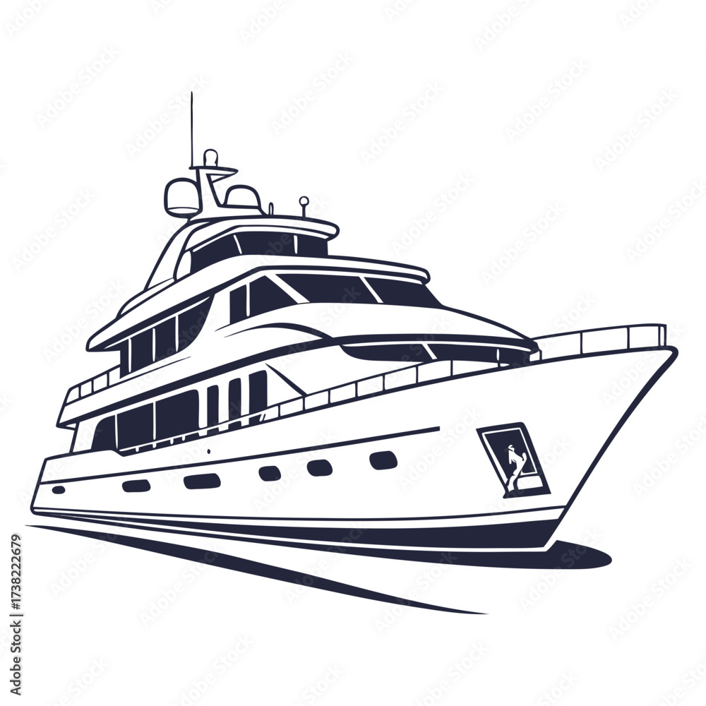 Fototapeta premium Sleek modern luxury yacht illustration in dark blue outline on a clean white background