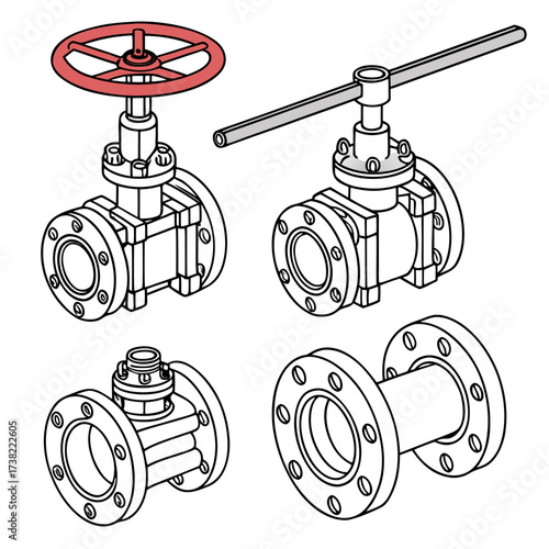 Set of four isometric industrial pipeline valves and fittings with flanges for fluid control systems
