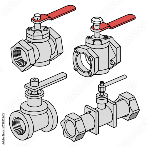 Set of four isometric illustrations of industrial ball valves and gate valves with red handles and threaded connections