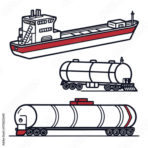 Set of stylized illustrations of a cargo ship and two different types of railway tank cars for liquid transport