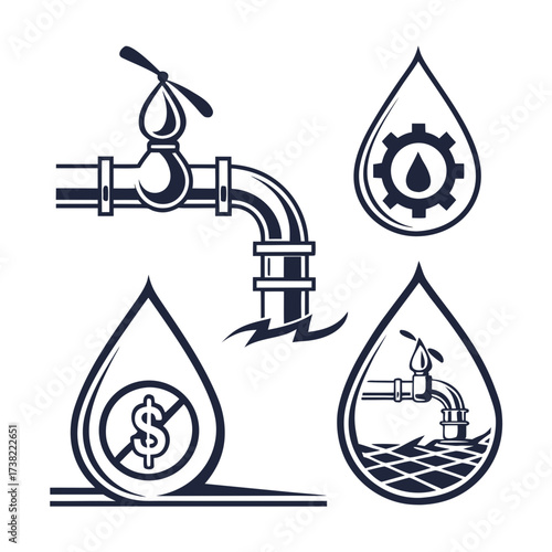 Set of stylized water drop icons representing water management industrial processes and cost savings